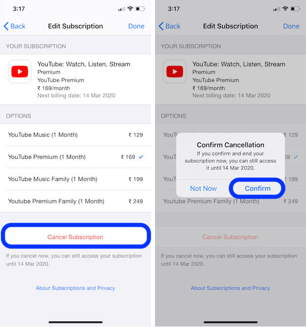 Cancel Youtube Premium Subscription from iPhone settings
