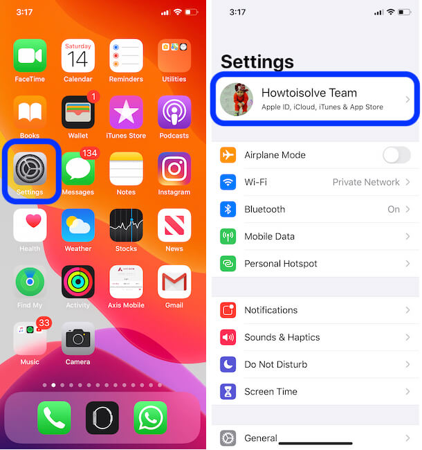 Go to your Apple ID Profile on iPhone settings app