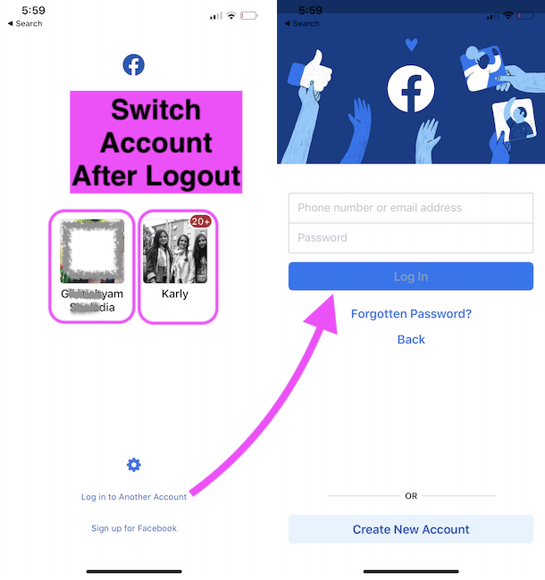 Switch Facebook Account or Add a New Facebook account on iPhone