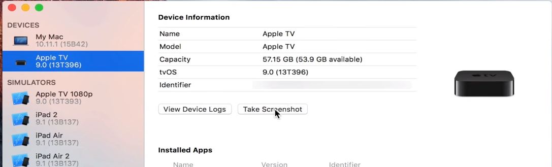 Take apple TV 4 screenshot on Mac Xcode