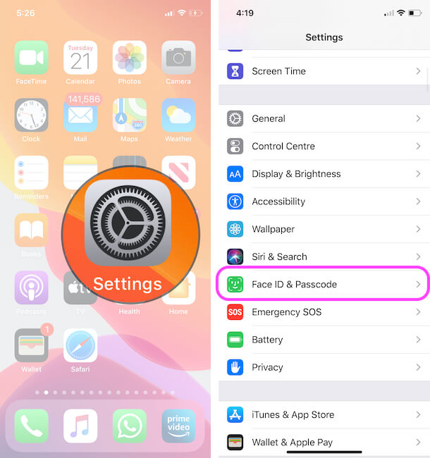 Face ID & Passcode or Touch ID & Passcode on iPhone settings app