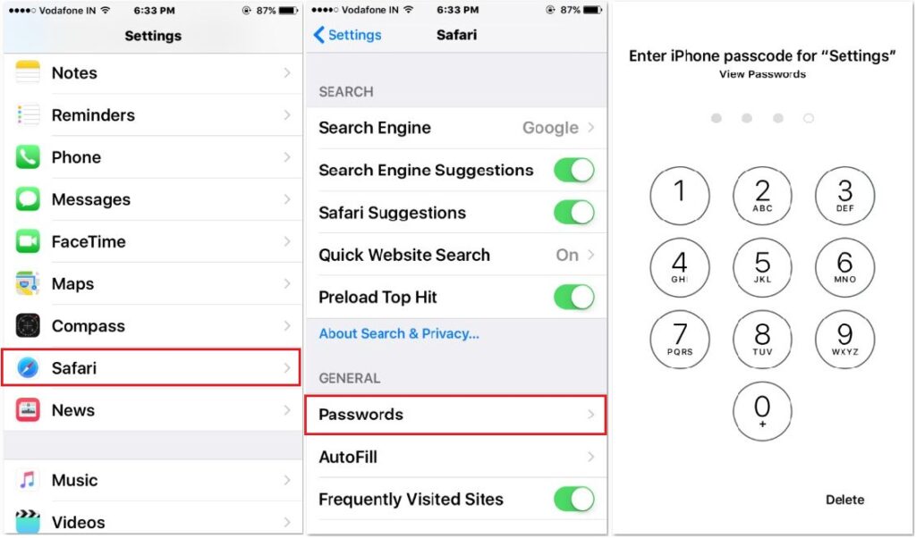 clear passwords from safari