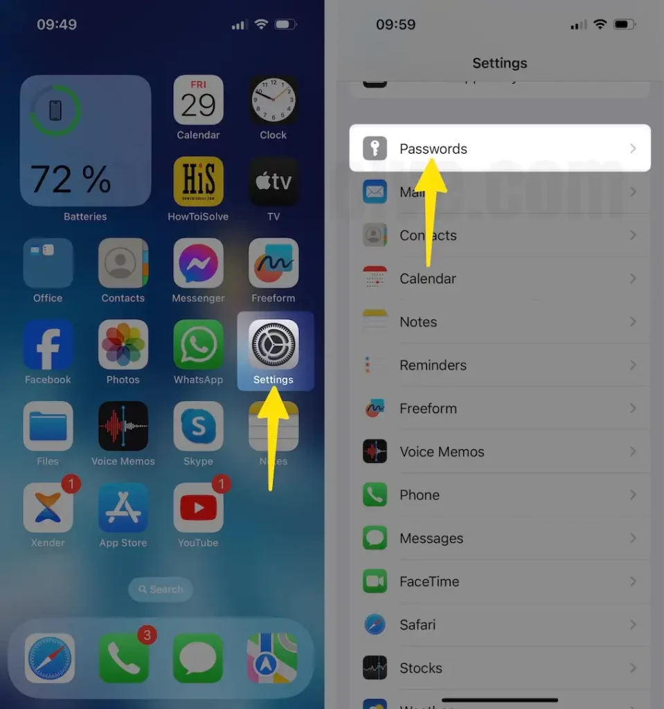 Open Settings Select Passwords on iPhone