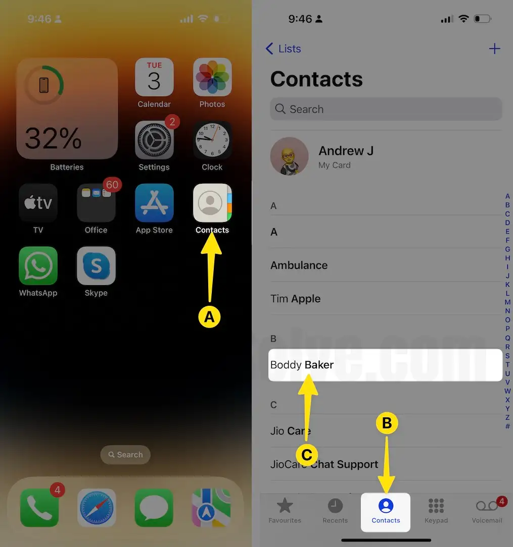 Launch the contacts app tap contacts numbers on iPhone