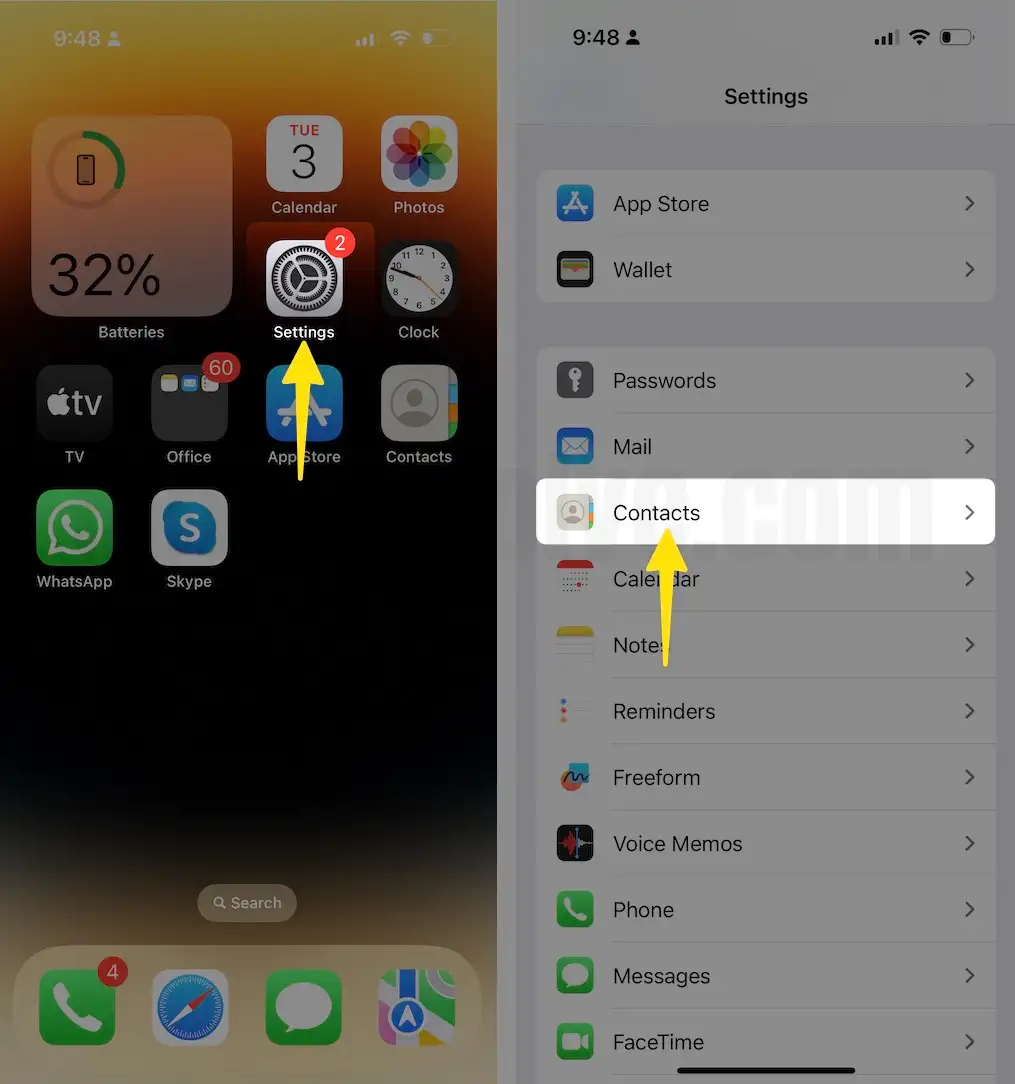 Launch the settings app tap contacts on iPhone