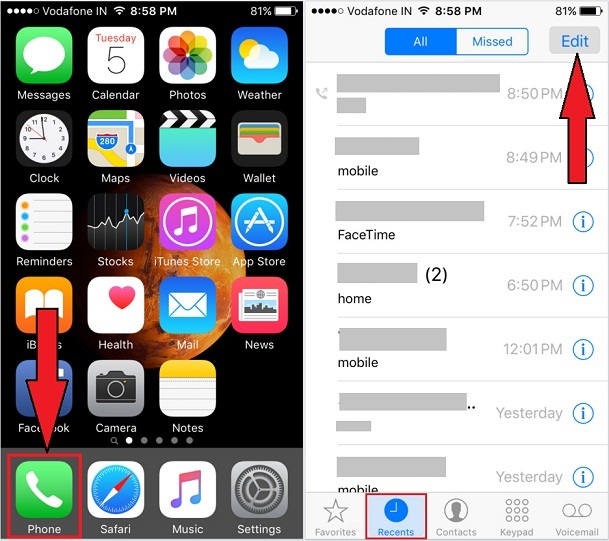 Delete all recent calls history on iPhone SE, iPhone 6S
