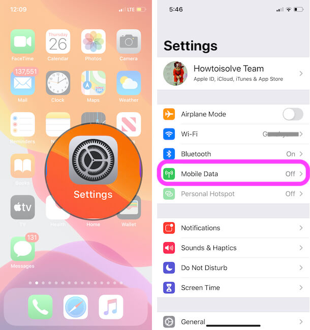Mobile Data settings for iPhone