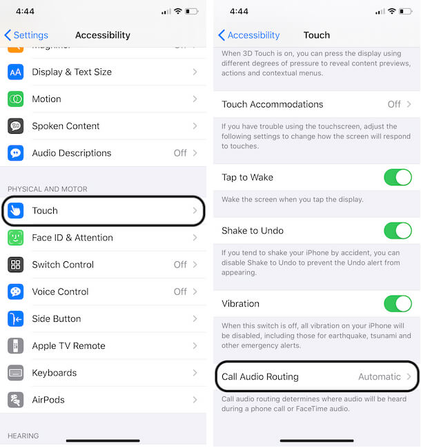 Select Call Audio Routing on iPhone settings app