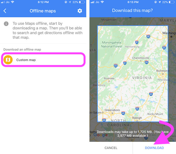 Select MAP location and Download for Offline on Google Maps app on iPhone
