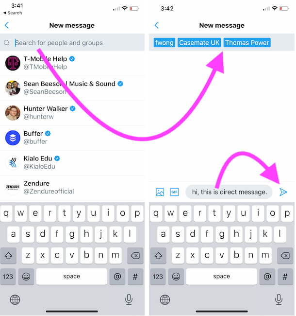 Выберите профиль Twitter и отправьте прямое сообщение группе в приложении Twitter на iPhone
