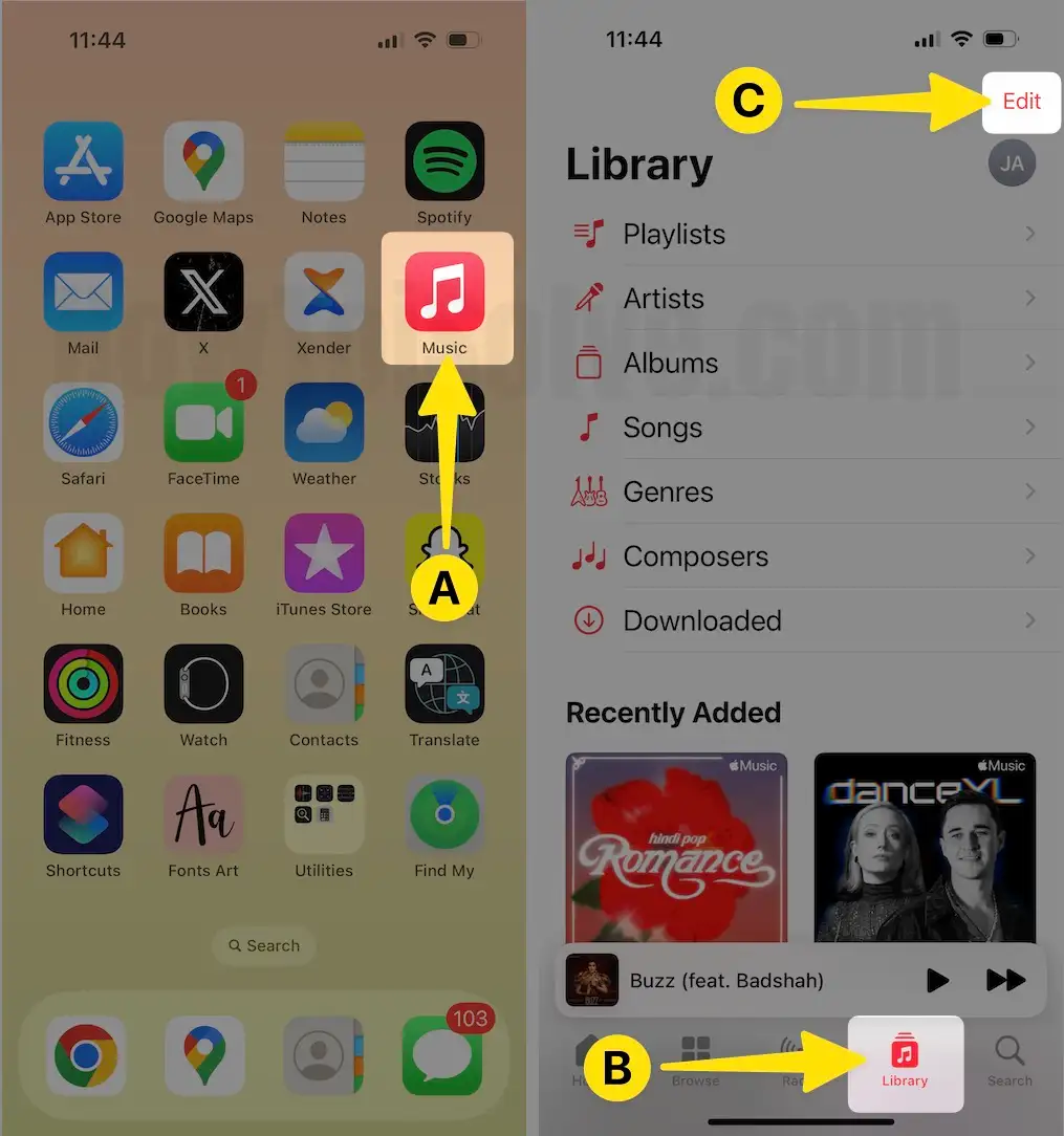 Open Music App Tap on Library Click on Edit on iPhone