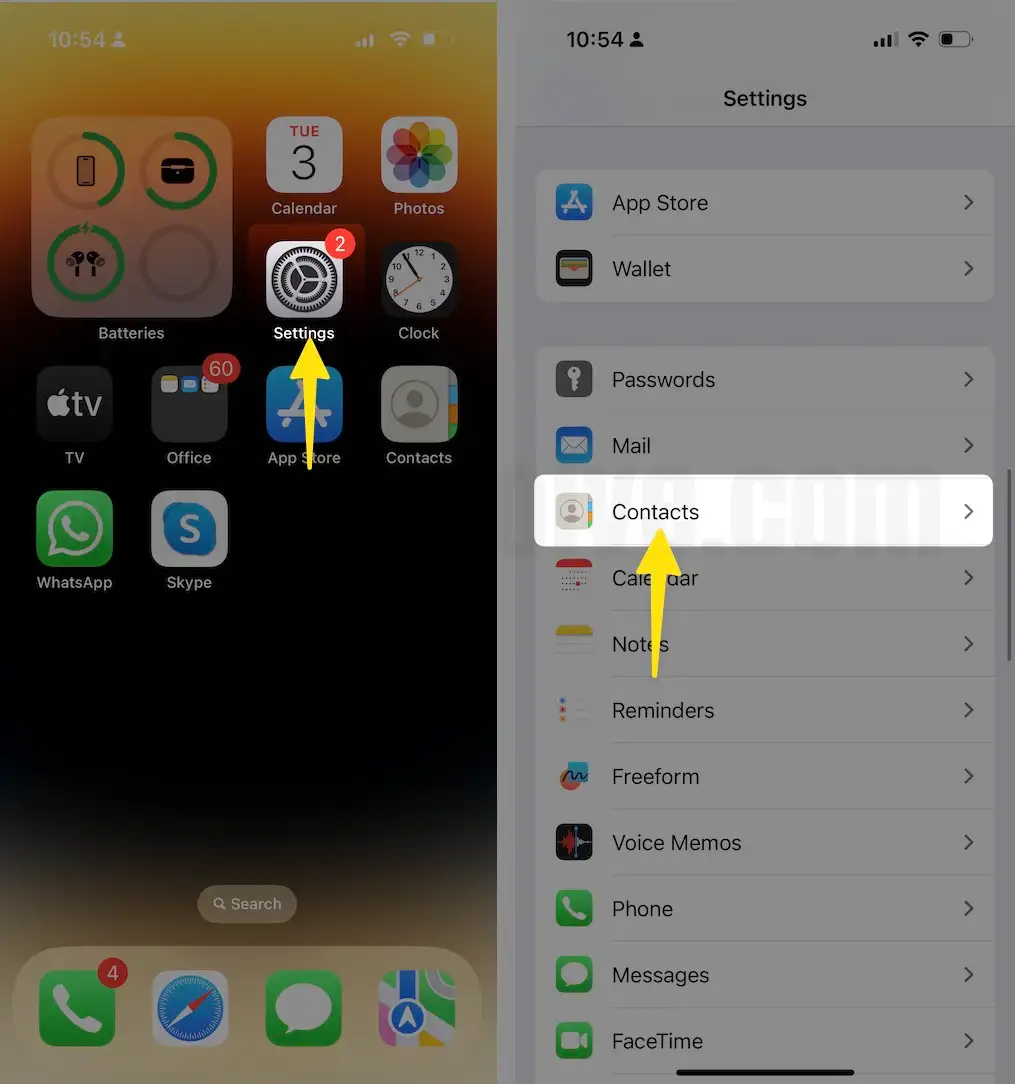 Go to the settings tap contacts on iPhone