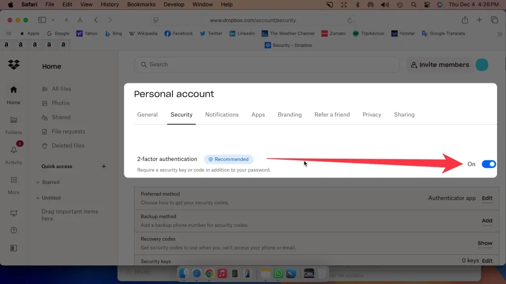 2-factor authentication turned on screen on pc for dropbox