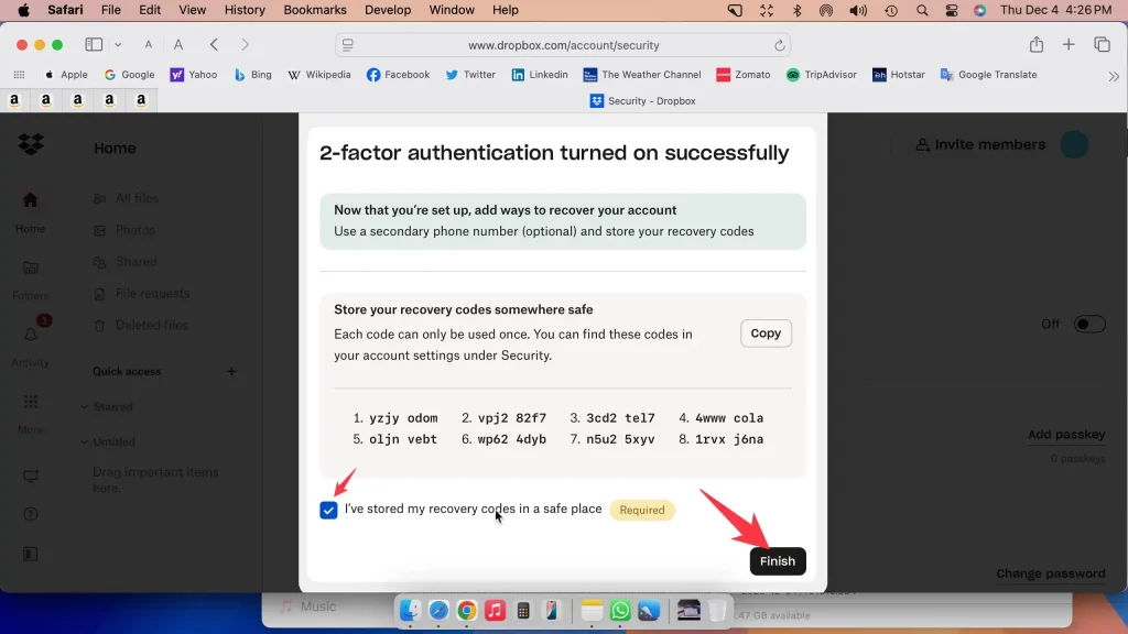 2-factor authentication turned on successfully for dropbox