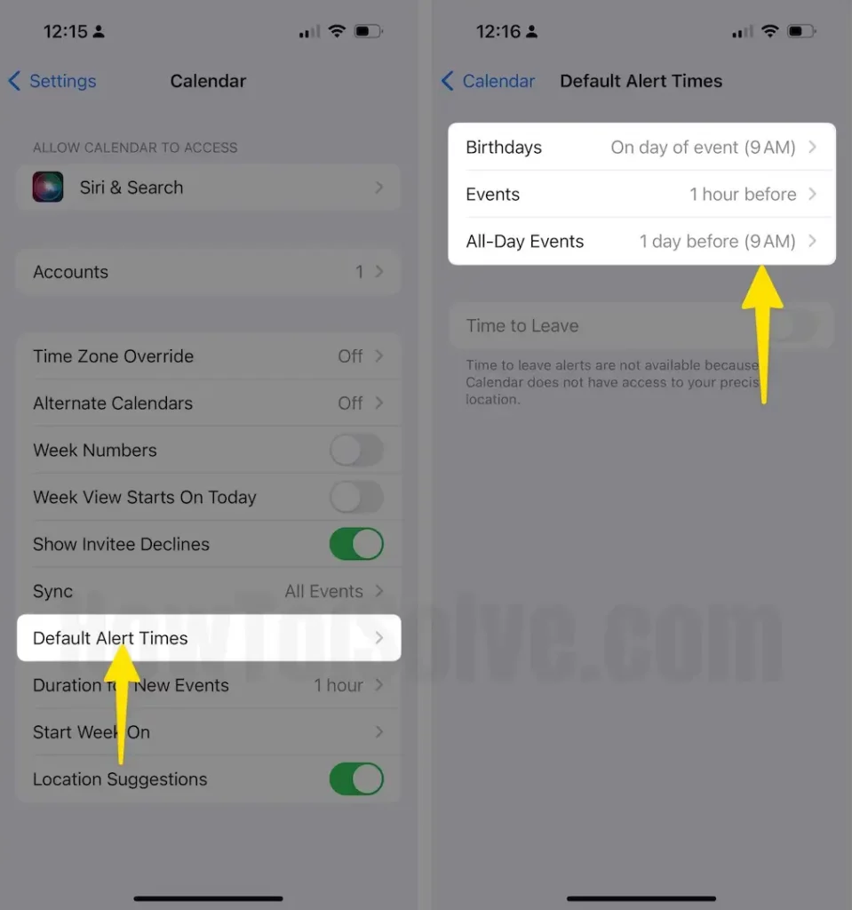 Click Default Alert Times Tap Birthday, Events, All-Day Events On iPhone