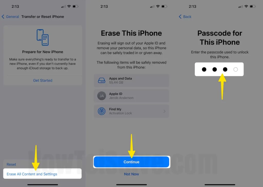 Select the erase all content and settings next tap on continue enter your password on iPhone