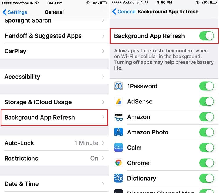 Enable Background App refresh for iPhone app