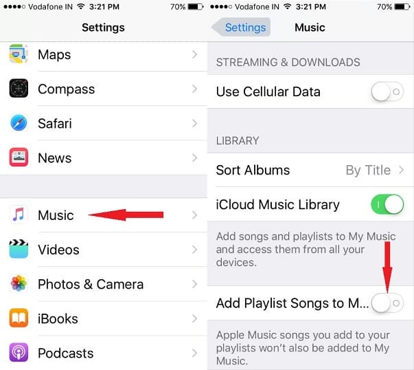 Apple Music library settings on iPhone