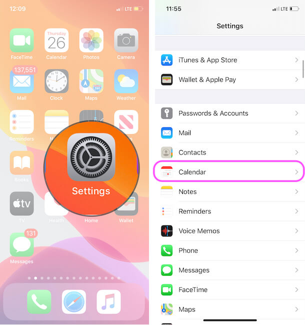 Calendar Settings in iPhone Settings app