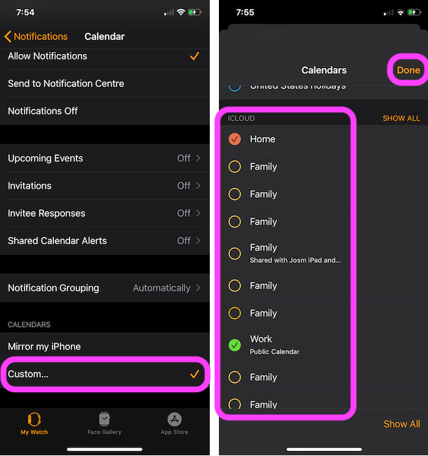 Enable Apple Watch Custom Notifications for Calendar on iPhone