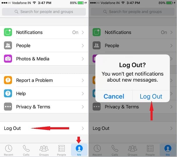log out Messenger App on iPhone iPad