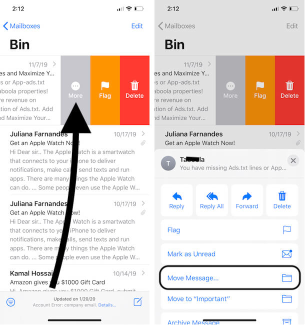 how to move mail from trash back to inbox