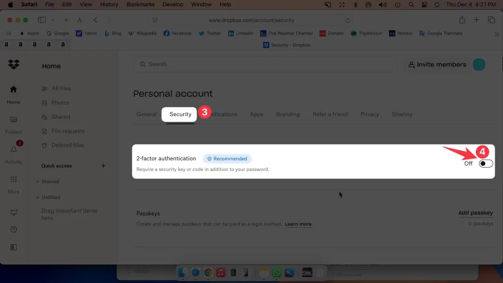 Personal account security settings for 2 factor authentication in drobox