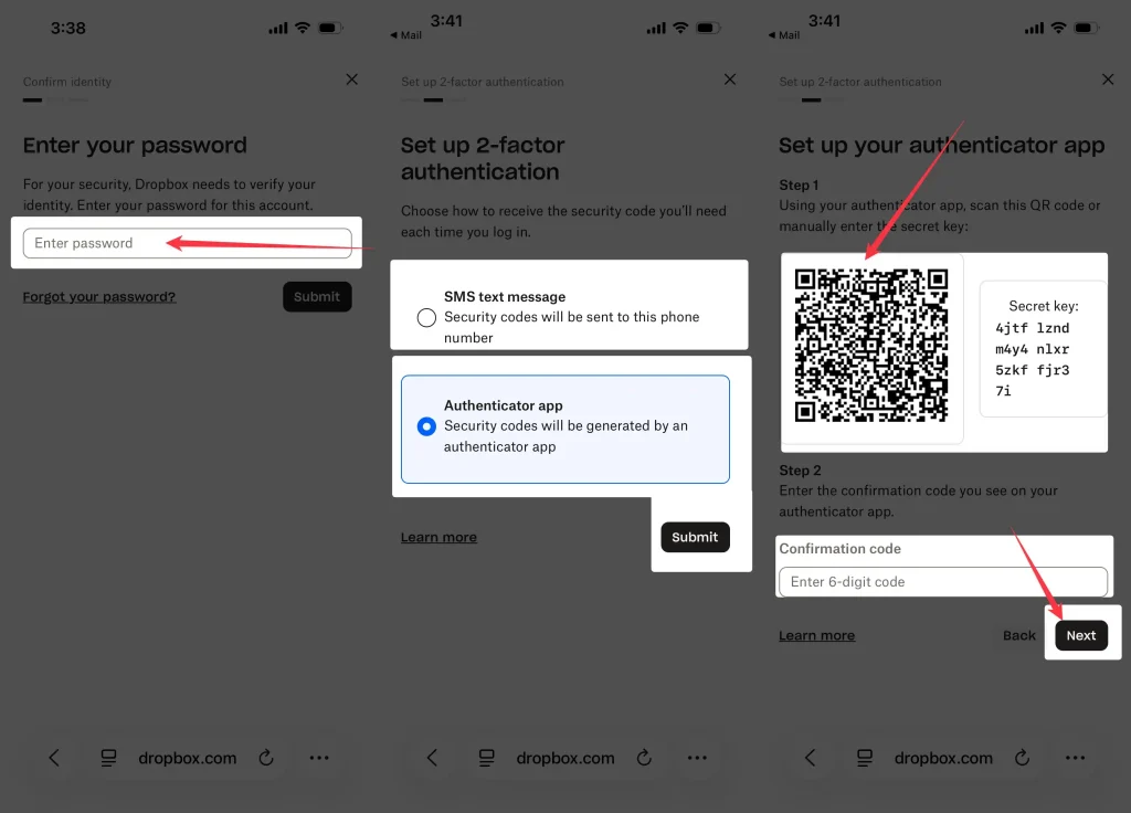 Set up 2-factor authentication in dropbox service