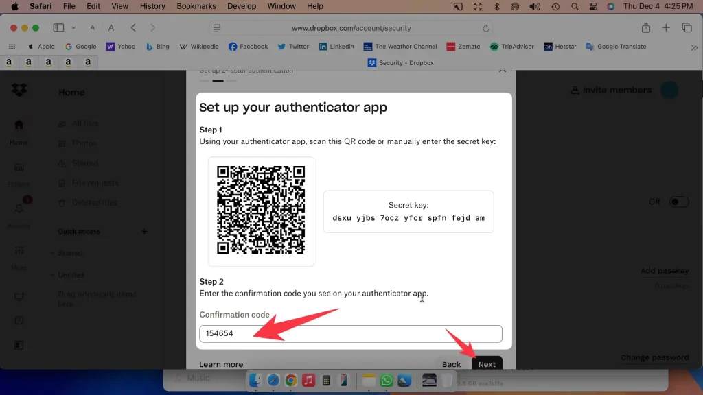 Set up your authenticator app for dropbox on computer