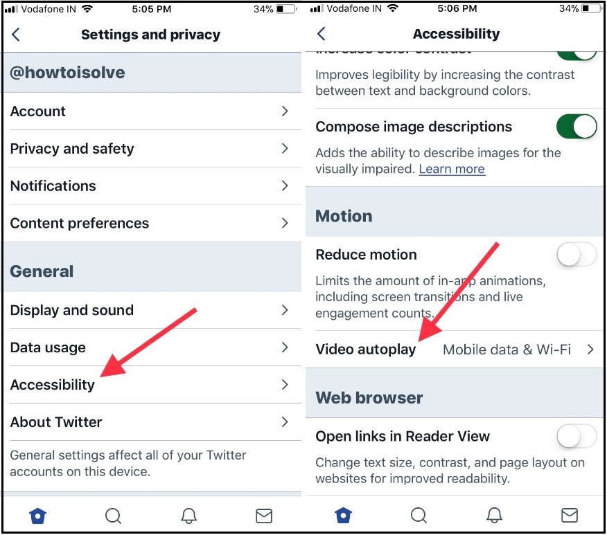 Tap on Accessibility to Turn off Twitter auto play video on iPhone and ipad