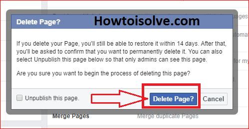 click on delete page button to delete facebook page