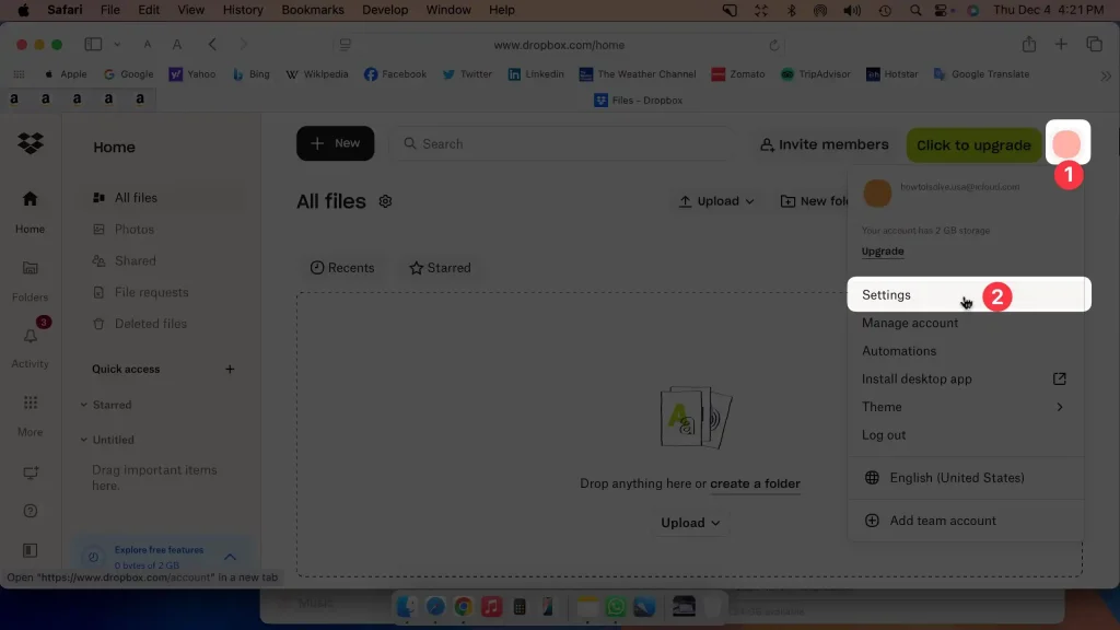 go to account and click on settings to access security option in drobpbox on computer