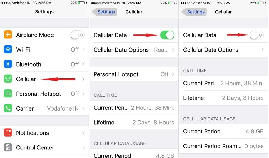 Disable Cellular Data on iPhone Settings app