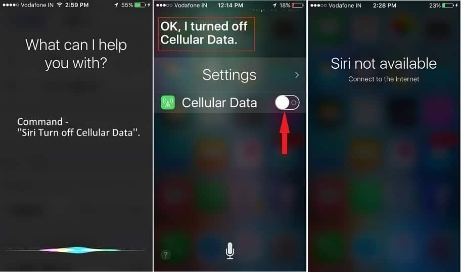 Используя Siri, вы можете отключить сотовые данные