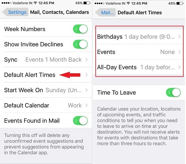 Change iPhone Calendar Default Alert Time