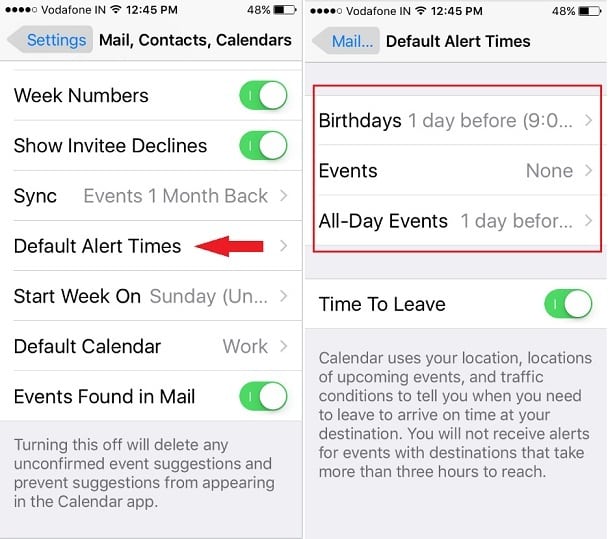 Изменить время оповещения календаря iPhone по умолчанию
