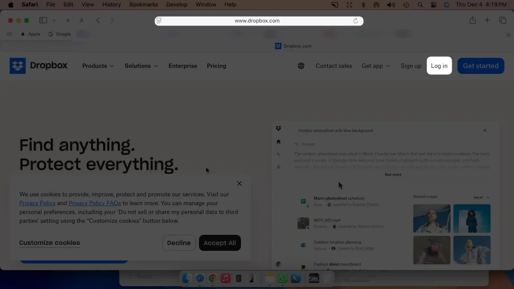 open dropbox dot com on computer