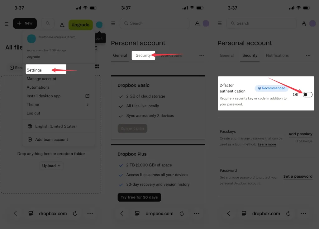 security settings for dropbox 2-factor authentication