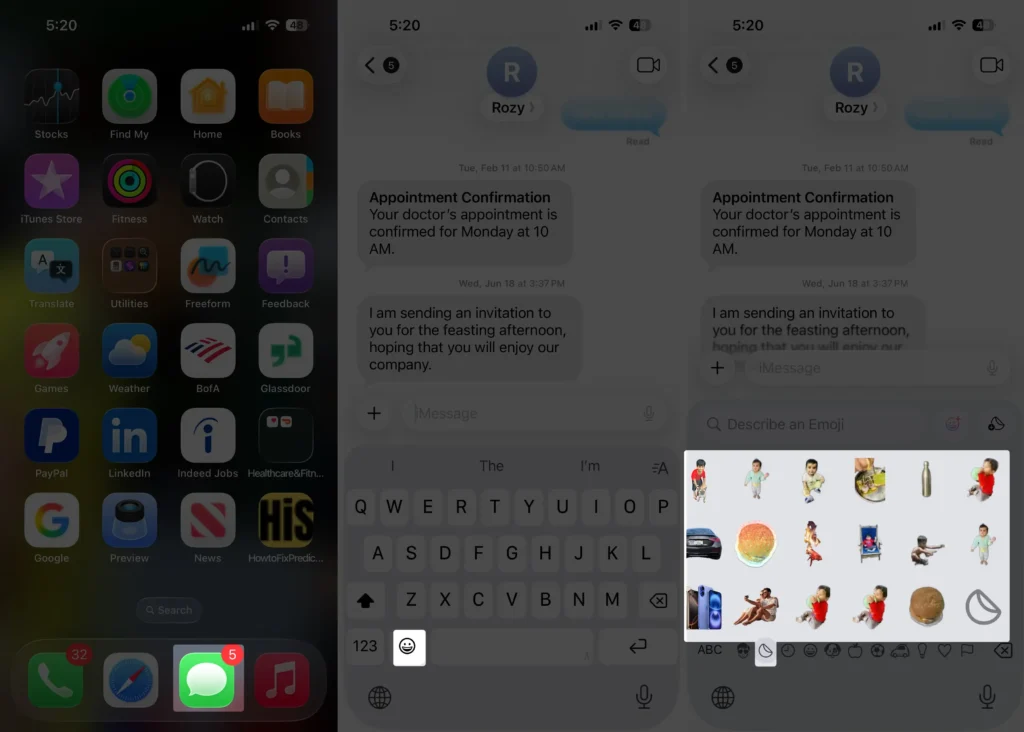 settings to open stickers in emoji keyboard on iPhone text app