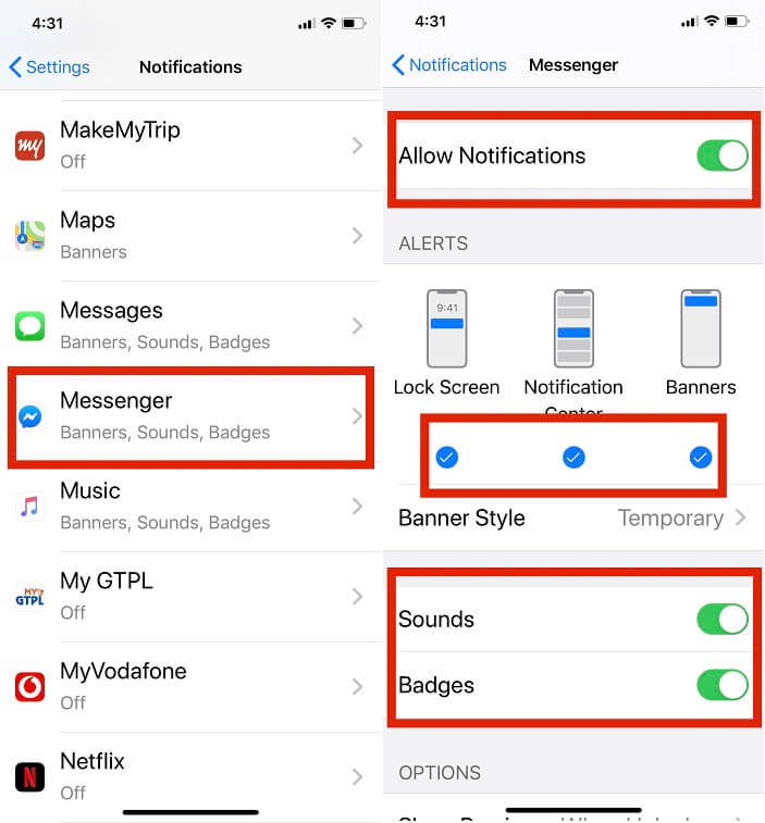 tap facebook messenger to enable notification turn on all Allow Notifications On