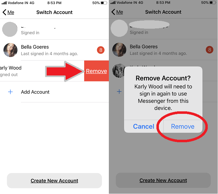 tap remove to logout messenger app on your iPhone iPad app