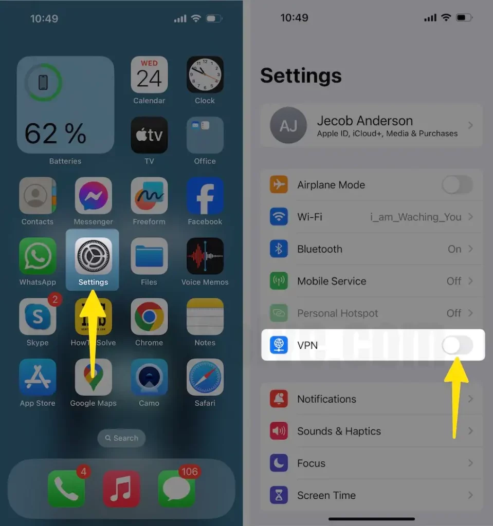 Open Settings App Disable VPN on iPhone