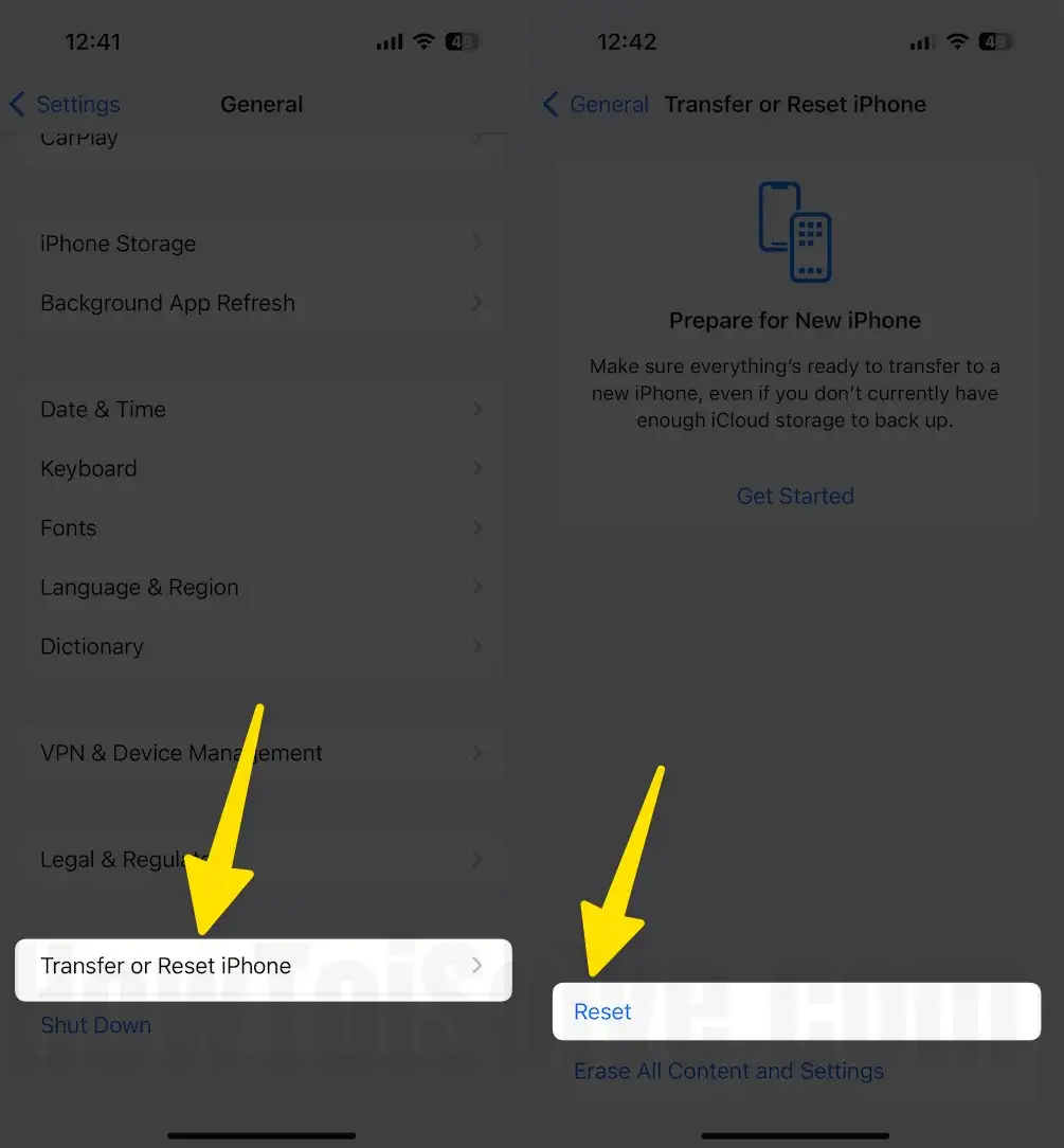 Transfer or Reset options on iPhone