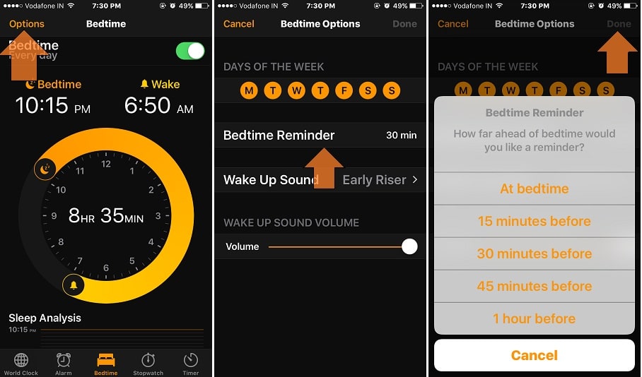 Change Bedtime reminder in iOS 10 iPhone, iPad clock app
