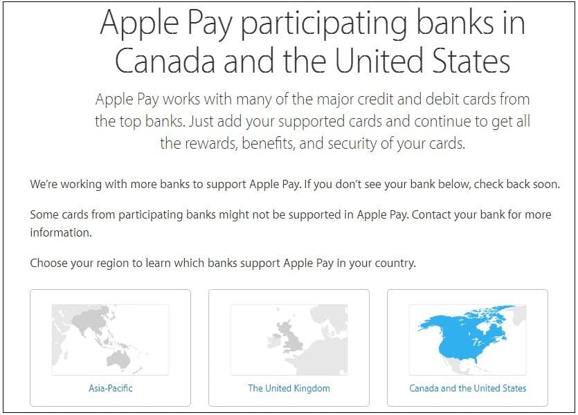 Apple Pay поддерживает список стран региона мудрых банков