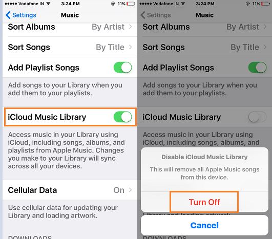 Turn off iCloud music library for disable apple music songs