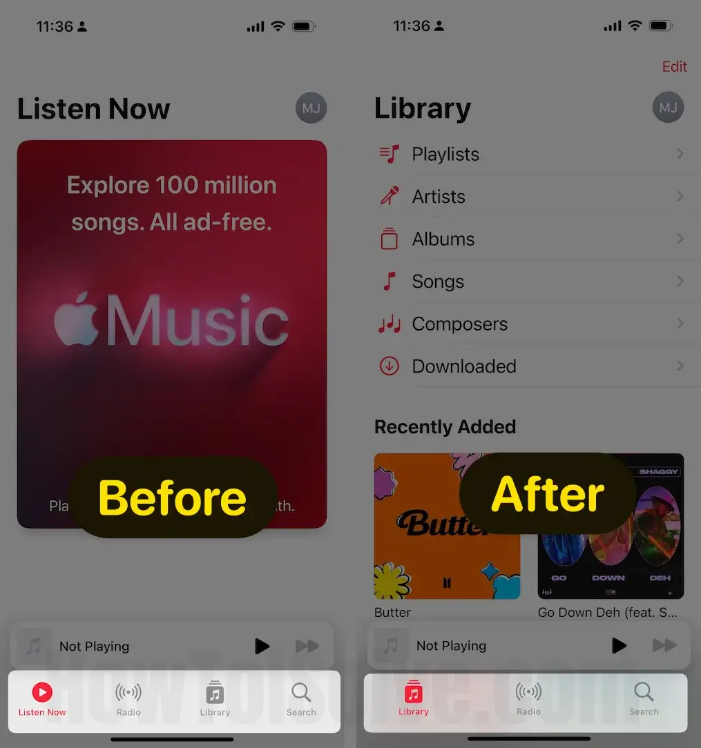 Relaunch the Apple Music app At the bottom, only three tabs appear on the screen on iPhone
