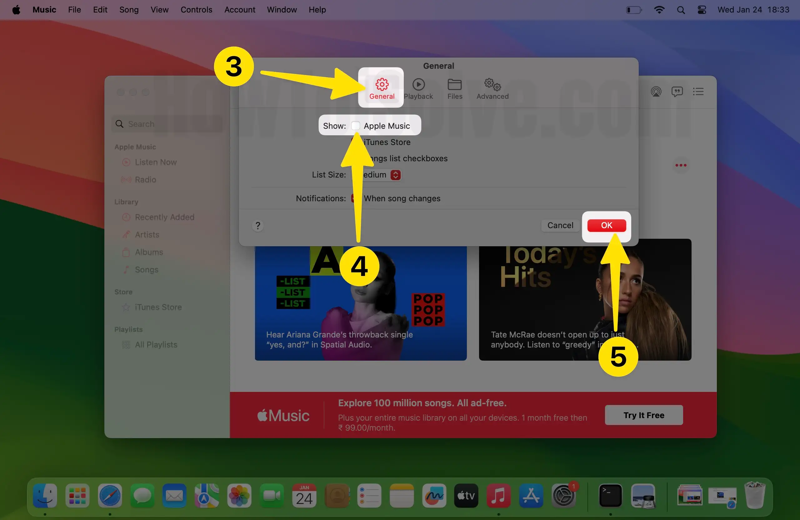 Select general tab uncheck apple music click on ok button on mac