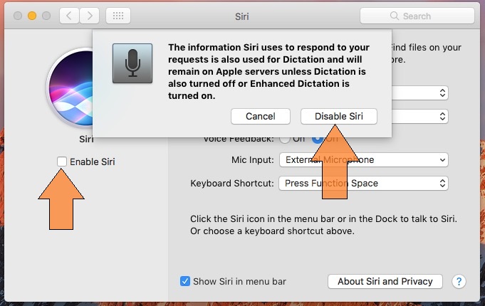 Отключить siri в системных настройках Mac