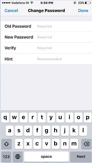 Update Old password in notes app